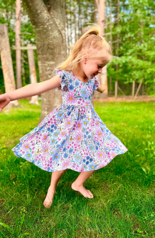 Garden Geese Flutter Sleeve Twirl Dress